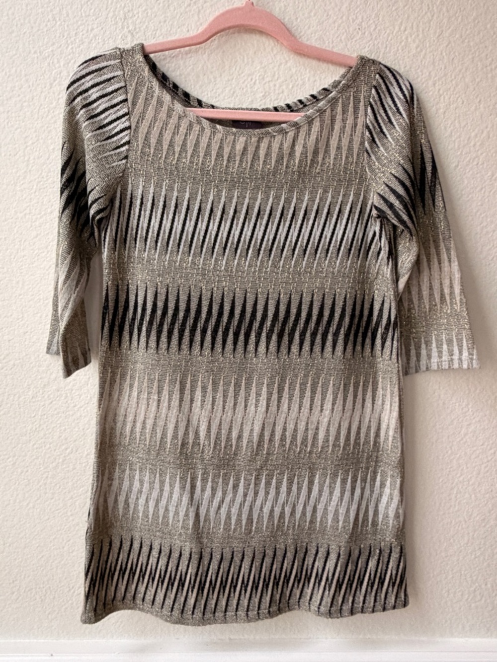 Elif for‎ Jordan Taylor Geometric Metallic Knit Top Neutral Tribal Pattern XS